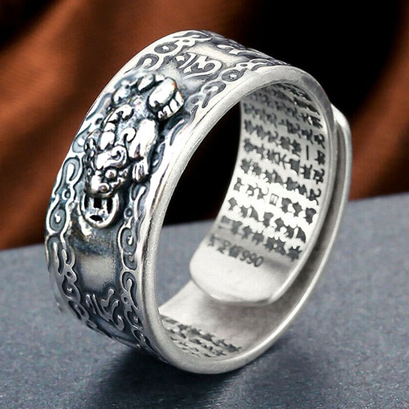 Feng shui pixiu mani mantra beskyttelse rigdom ring amulet rigdom heldig åben justerbar ring buddhistiske smykker ring ll@ 17: Sølv