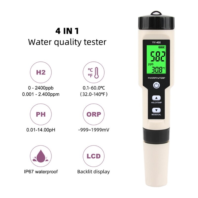 Nyeste yy -400 4 in 1 ph/ orp /h2 & tem meter digital dydrogen ion concentration tester til akvarium, swimmingpool, drikkevand: 7 tt 1501966- a