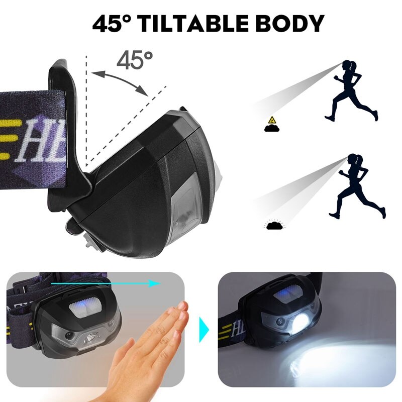 -Mini Rechargeable LED Headlamp Body Motion Sensor Headlight Camping Flashlight Head Light Torch Lamp with USB Fishing Spor