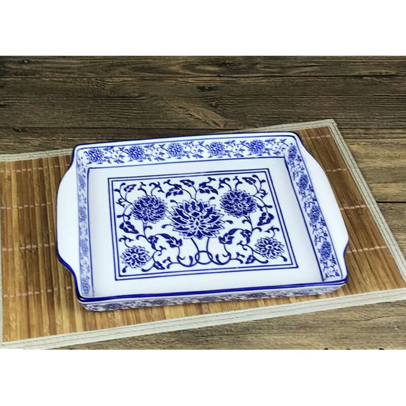 Ceramic tray storage tray rectangular retro blue and white porcelain household tea set wine tray