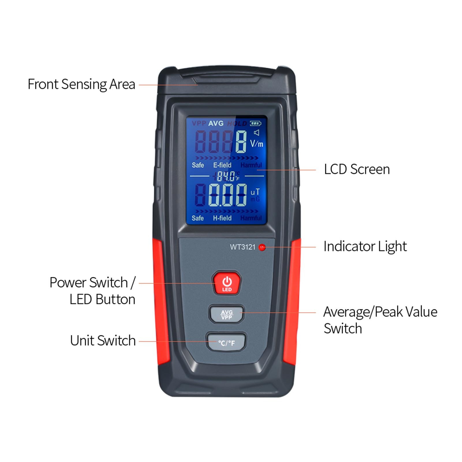 3-in-1 Electromagnetic Radiation Detector EMF Meter Handheld Household Anti-radiation Tester With Temp Sound Light Alarm WT31213