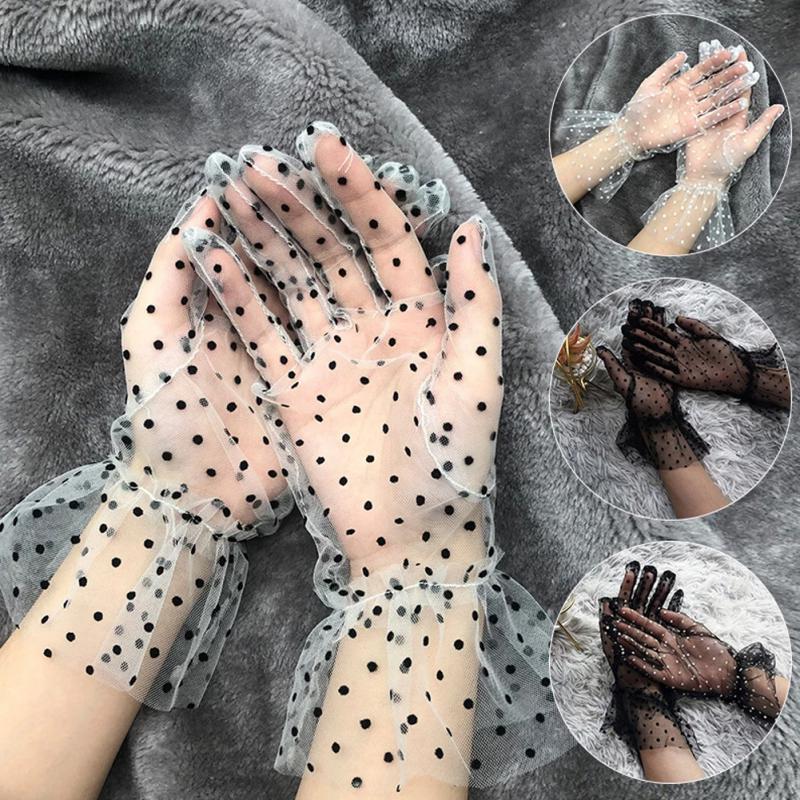 Guanti da donna in pizzo macchiare Tulle elasticizzati eleganti corti sottili a maglie sottili scaldamuscoli per ragazze da festa di nozze
