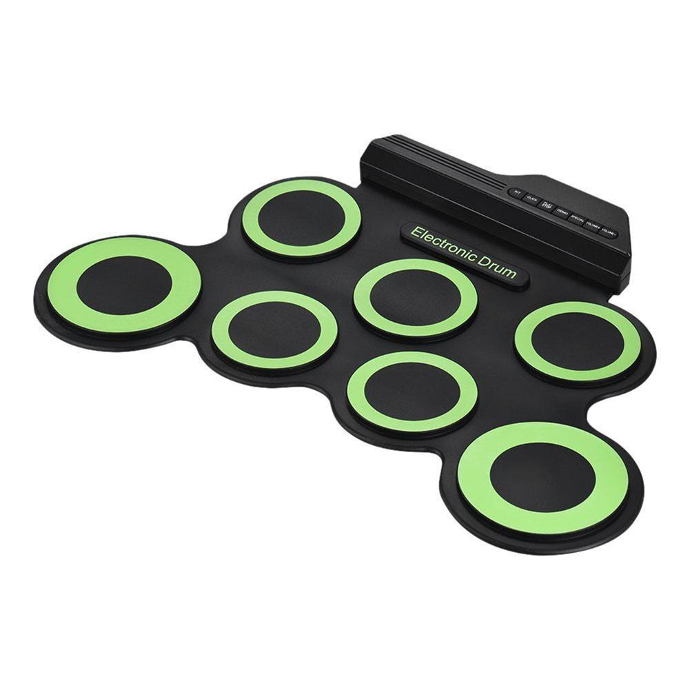 Bærbar elektronisk tromle digital usb 7 pads rulle op trommesæt silikone elektrisk tromlepadsæt med trommestikker fodpedal: Grøn
