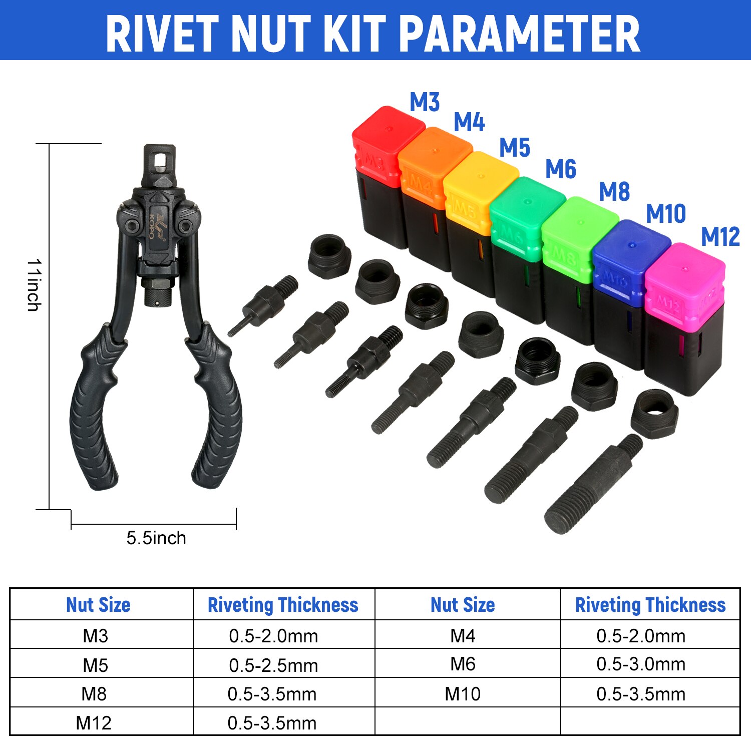 Kit de rivetage avec 7 mandrins métriques M3 M4 M5 M6 M8 M10 M12, outil à Riveter manuel 11 po