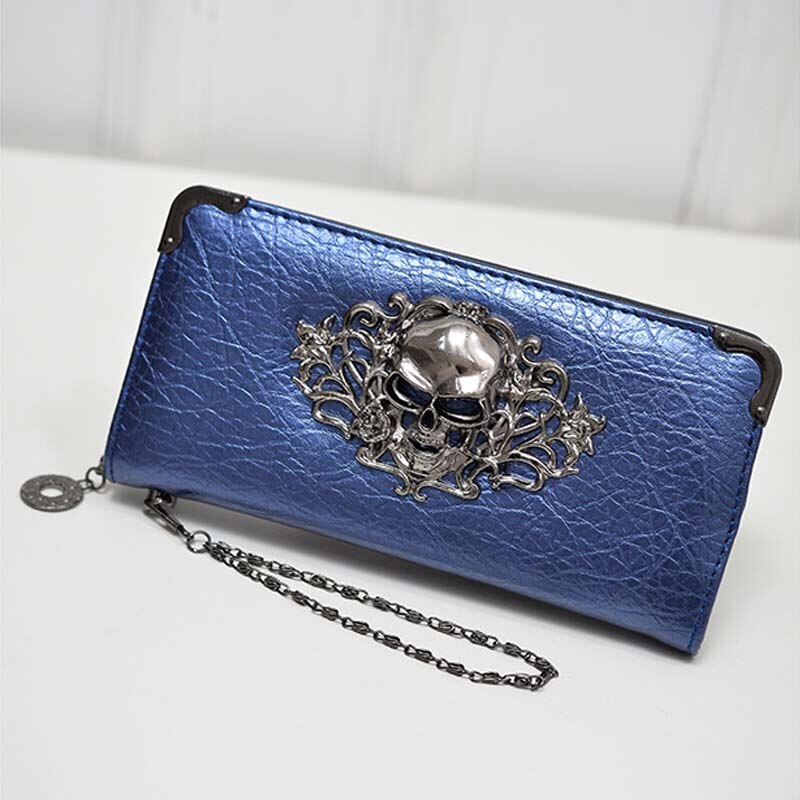 Punk Style Skull PU Leather Wallets Wallet for Women Purse Vintage Ladies Card Holder Mobile Phone Clutch Bag: Blue