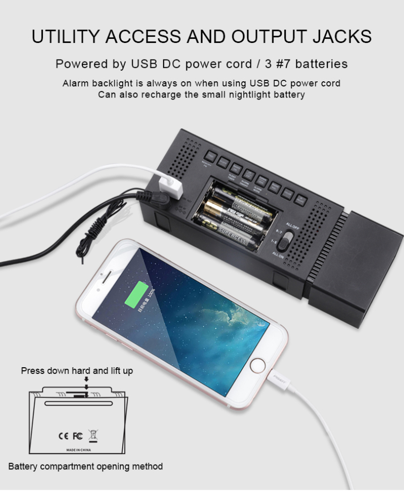Digital Alarm Clock TS-P30 IR Sensor Movable Night Light With FM Radio Temperature Humidity Display