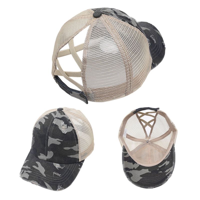 Vrouwen Verontruste Gewassen Mesh Terug Baseball Cap Luipaard Camo Print Hollow Criss Cross Band Paardenstaart Messy Bun Trucker Hoed: 6