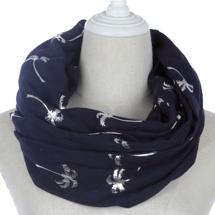FOXMOTHER Spring Summer White Grey Navy Coconut Tree Shiny Silver Foil Scarf Glitter For Womens: Navy Loop