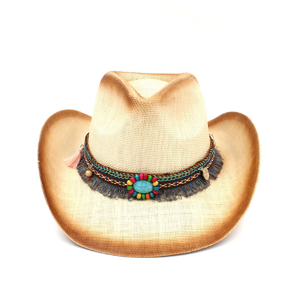 Kvinder halm cowboy hat med punk læderbånd til dame far western sombrero hombre cowgirl jazz caps størrelse 58cm: C4 bcp