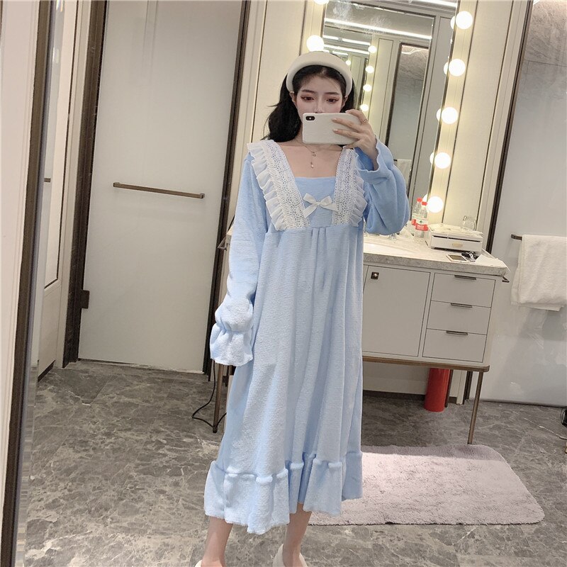 Nachthemden Vrouwen Kant Patchwork Vierkante Kraag Zoete Elegante Prinses Losse Lange Gedrukt Leuke Vintage Chic Simple Flare Mouw