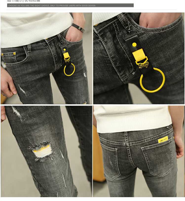 Trendiga män vår sommar koreanska tonåringar skinny stretch slitna skinny jeans män social spirit kille pennbyxor