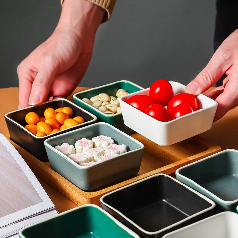 Ceramic Grid Snack Plate Fruit Plate Small Dish with Tray Serving Platter for Snack Nut Dessert for Home Store
