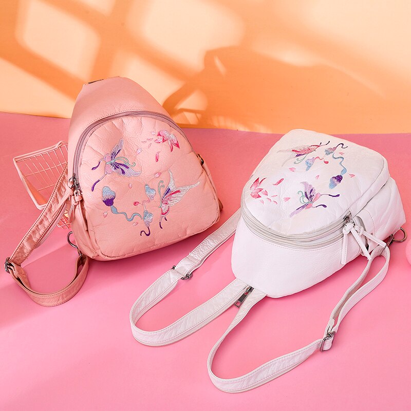 mochilas de cuero bordadas para mujeres adolescentes Sac A Dos mochila de viaje para mujeres Mochila De cuero suave para mujeres