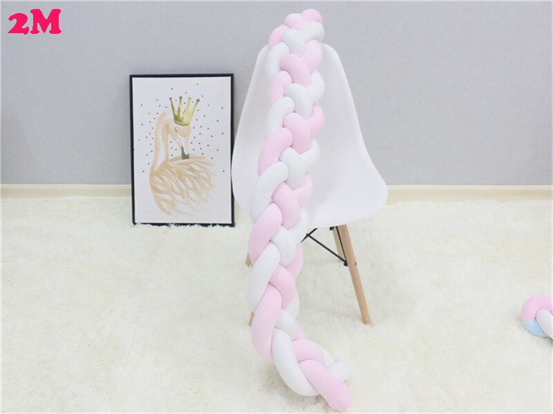 Travesseiro para cama de bebê, trançado amortecedor para cama recém-nascido, decoração de quarto infantil com 4 fios: 2M pink white
