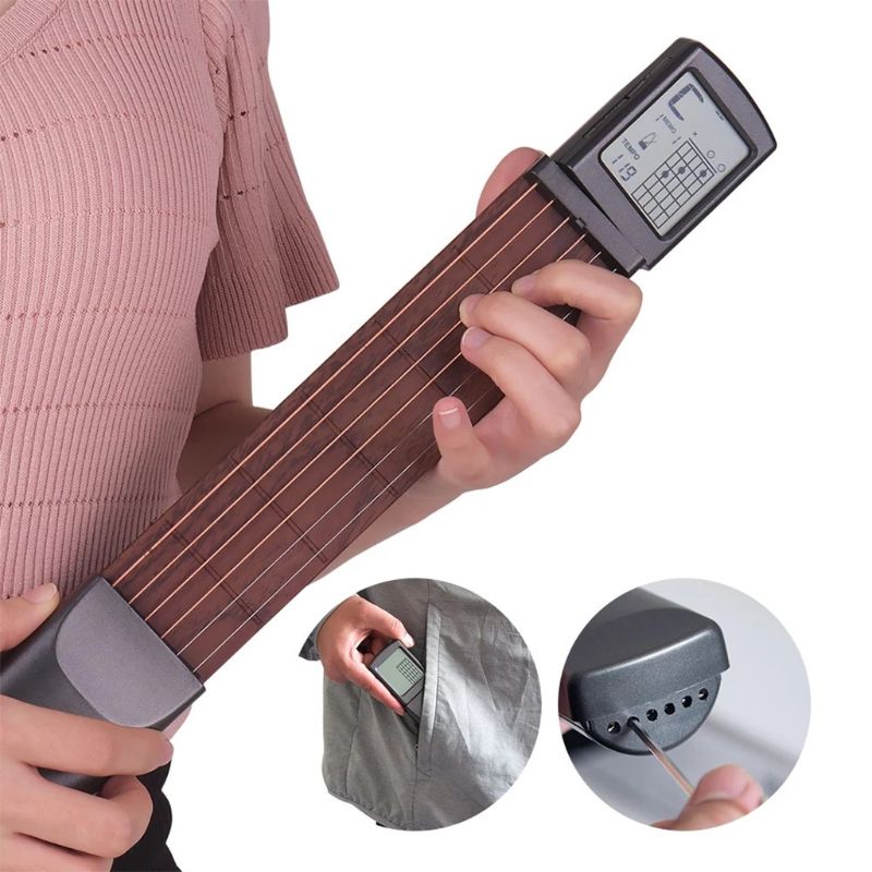 Pocket guitar akkord praksis værktøj, bærbar guitar hals til træner nybegynder m / en drejelig akkorder kort skærm (batteri inkluderer