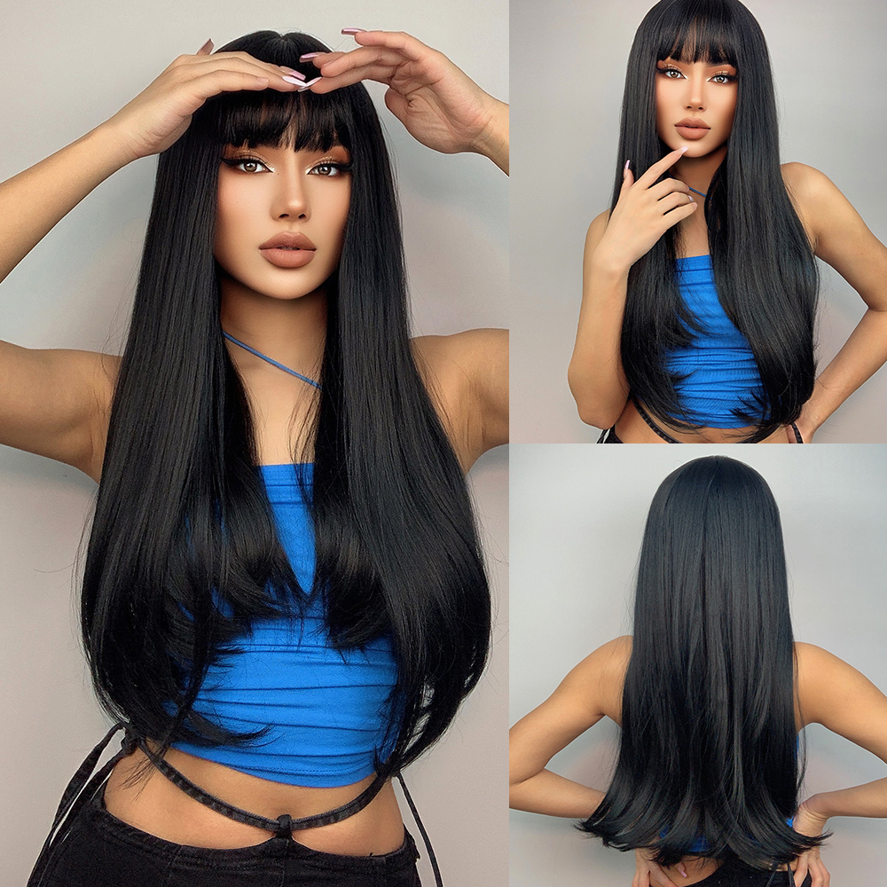 Lange gerade dunkelbraune synthetische Perücken mit Pony, seidige geschichtete Perücken für Frauen, täglicher Partygebrauch, Naturhaar-Perücke, hitzebeständig
