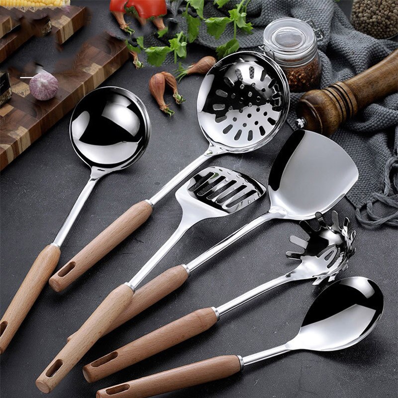 Espátula para utensilios de cocina, cuchara con colador, cucharas para sopa, pala ranurada, utensilios de cocina de acero inoxidable, batería de cocina mango de madera, cocina