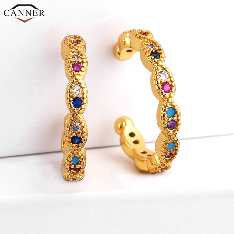 Small Cuff Earrings for Women Rianbow Zircon Half Circle Clip Earrings CZ Crystal Ear Cuffs Gold No Pierced Jewelry H40