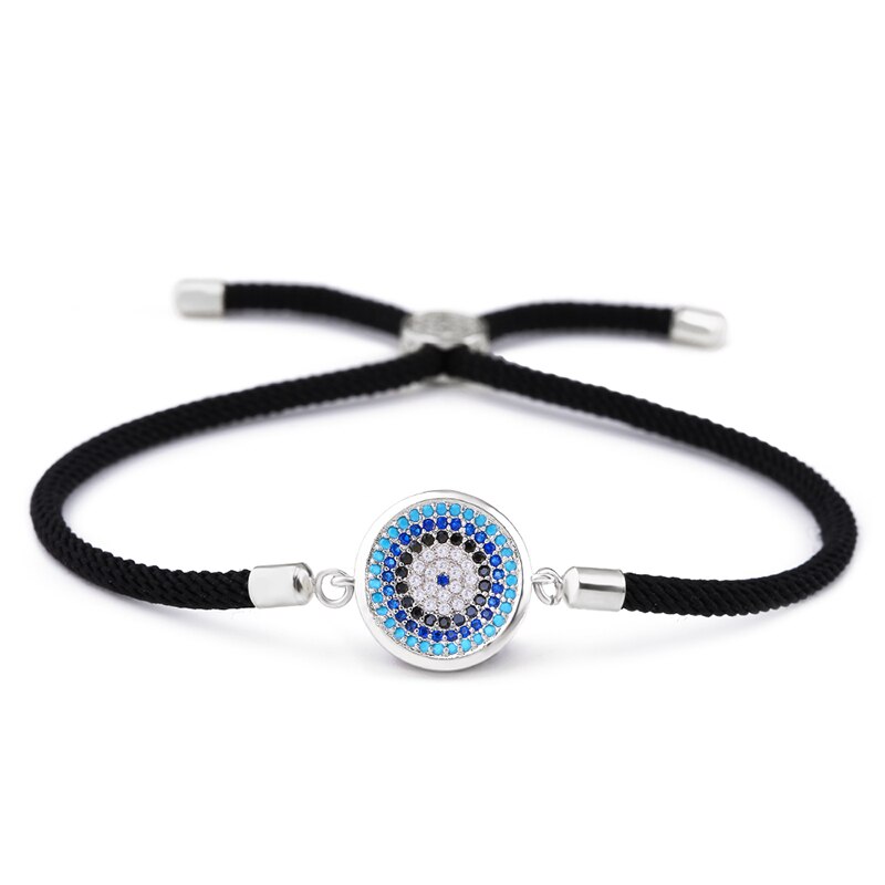 Flola Turkse Mannelijke Armband Goud Zirconia Evil Eye Armband Vrouw Dubai Gouden Sieraden Charm Draad Erkek Bileklik Brtb12: Silver(Black rope)