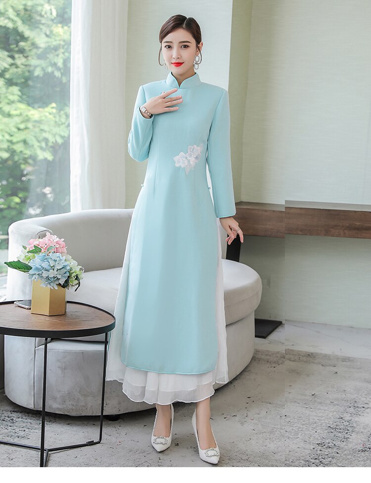 Winter lady party Ao Dai qipao Vietnam style long sleeve dress for women: XXXL