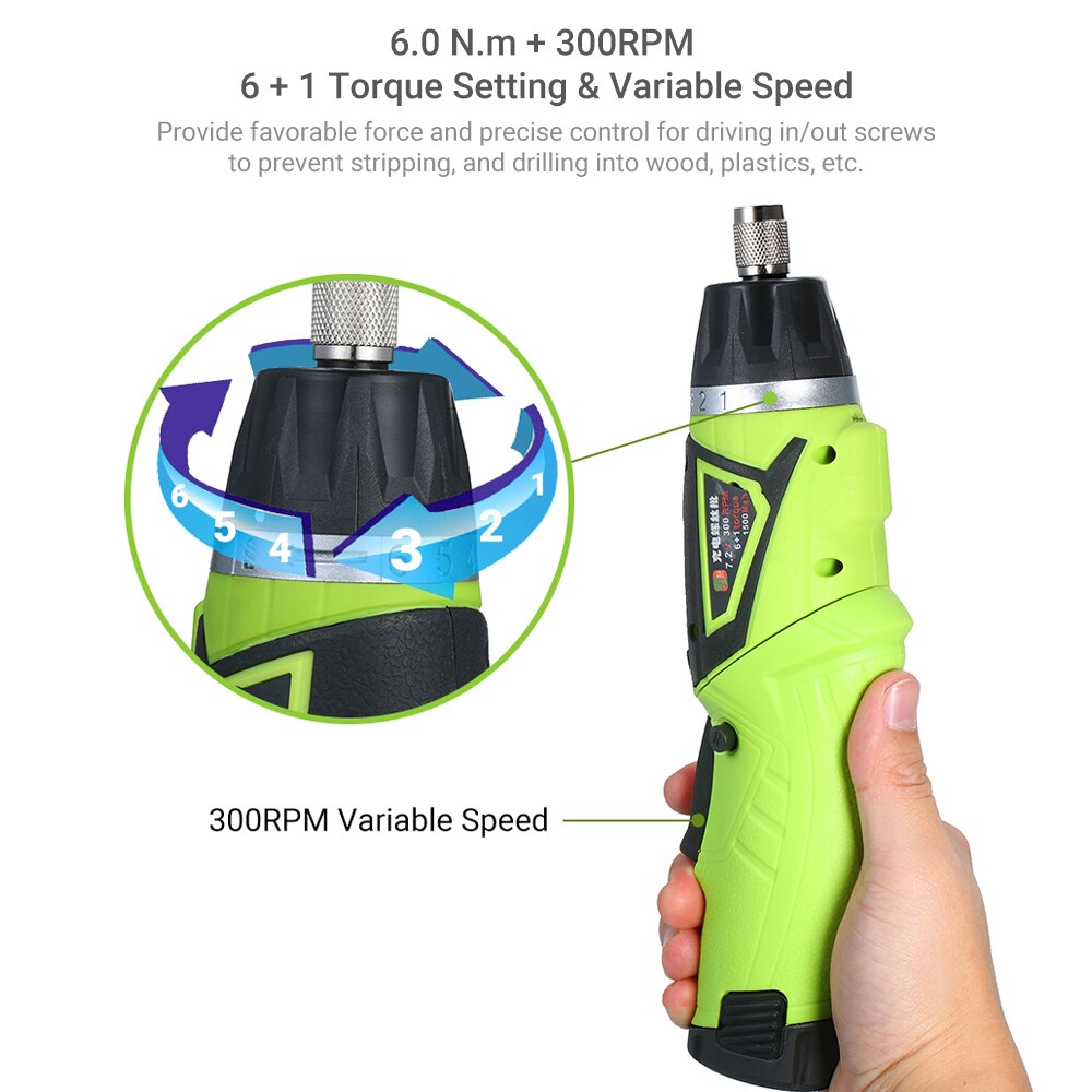 6.0N.m Cordless Electric Screwdriver 2PCS Rechargeable 1500mAh Li-ion 7 Torque Setting 2 Position Handle with 6 Accessories