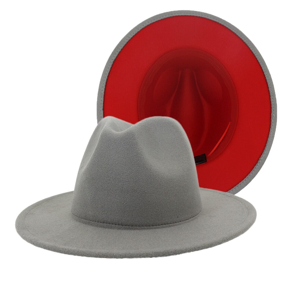 Qbhat grå rød patchwork filthat kvinder mænd bred efterligning imiteret uld jazz fedora hatte panama trilby cap trend gambler hat: 56 til 58cm