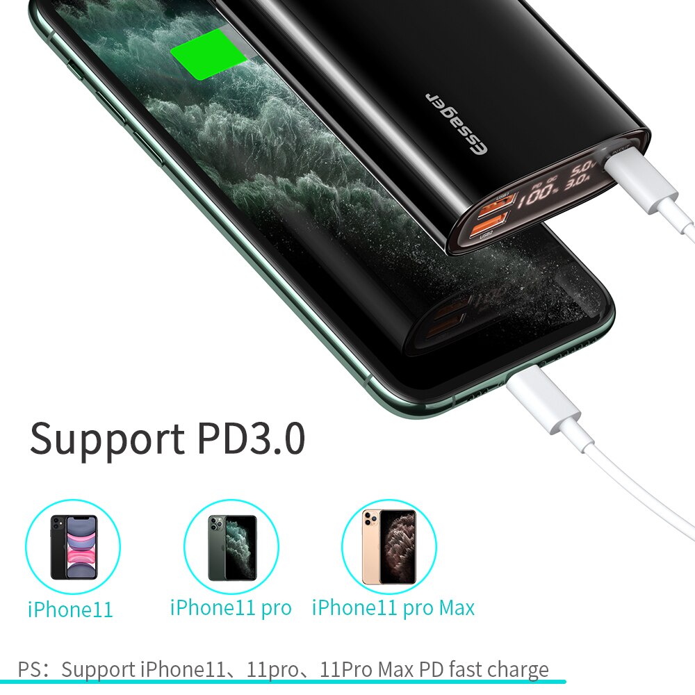 Essager-power bank 20000 mah usb tipo c, pd, qc 3.0, bateria portátil externa para xiaomi 20000 mah