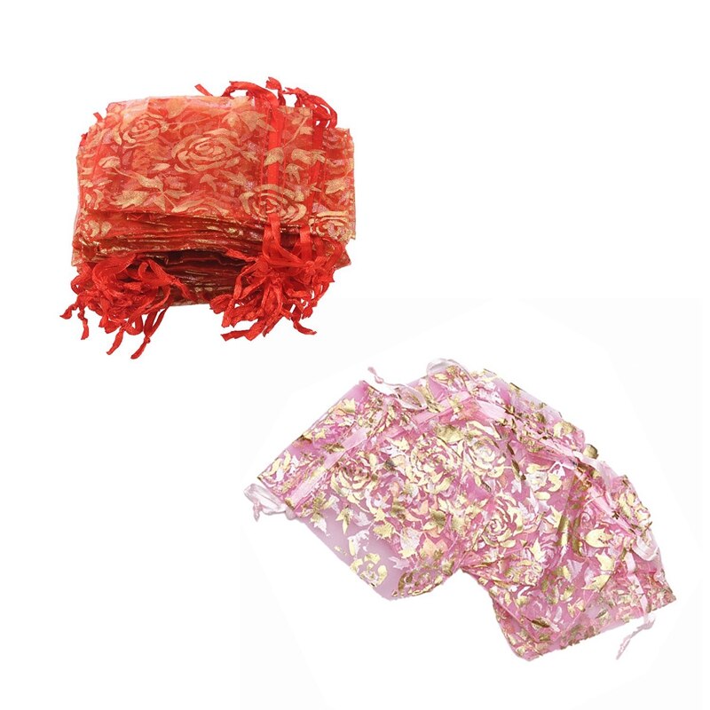200 stuks 7 x 9cm rozen organza trekkoord sieraden zakjes bruiloft kerstfeest zakjes  - 100 stuks roze & 100 stuks rood