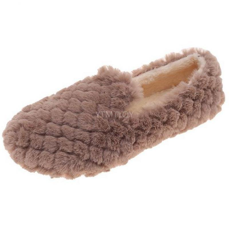 Sans lacet chaussures plates femme chaussures plates en peluche hiver chaussures grande taille femmes chaussures mocassins couleur unie confortable dames chaussures: Khaki / 40