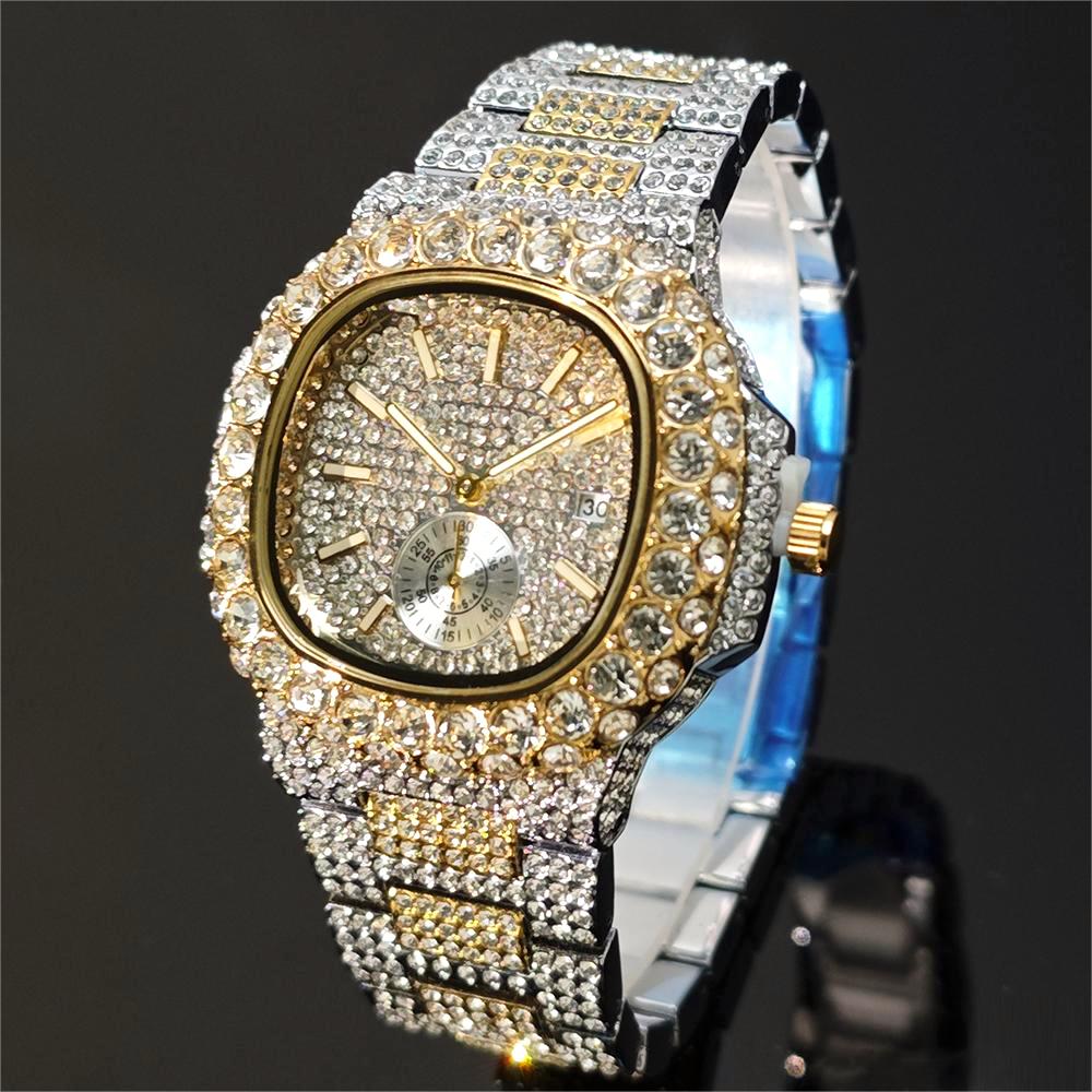 Lyxig iced klocka herrklocka i rostfritt stål guld armbandsur hiphop diamant bling smyckesklocka för män reloj hombre: Brons