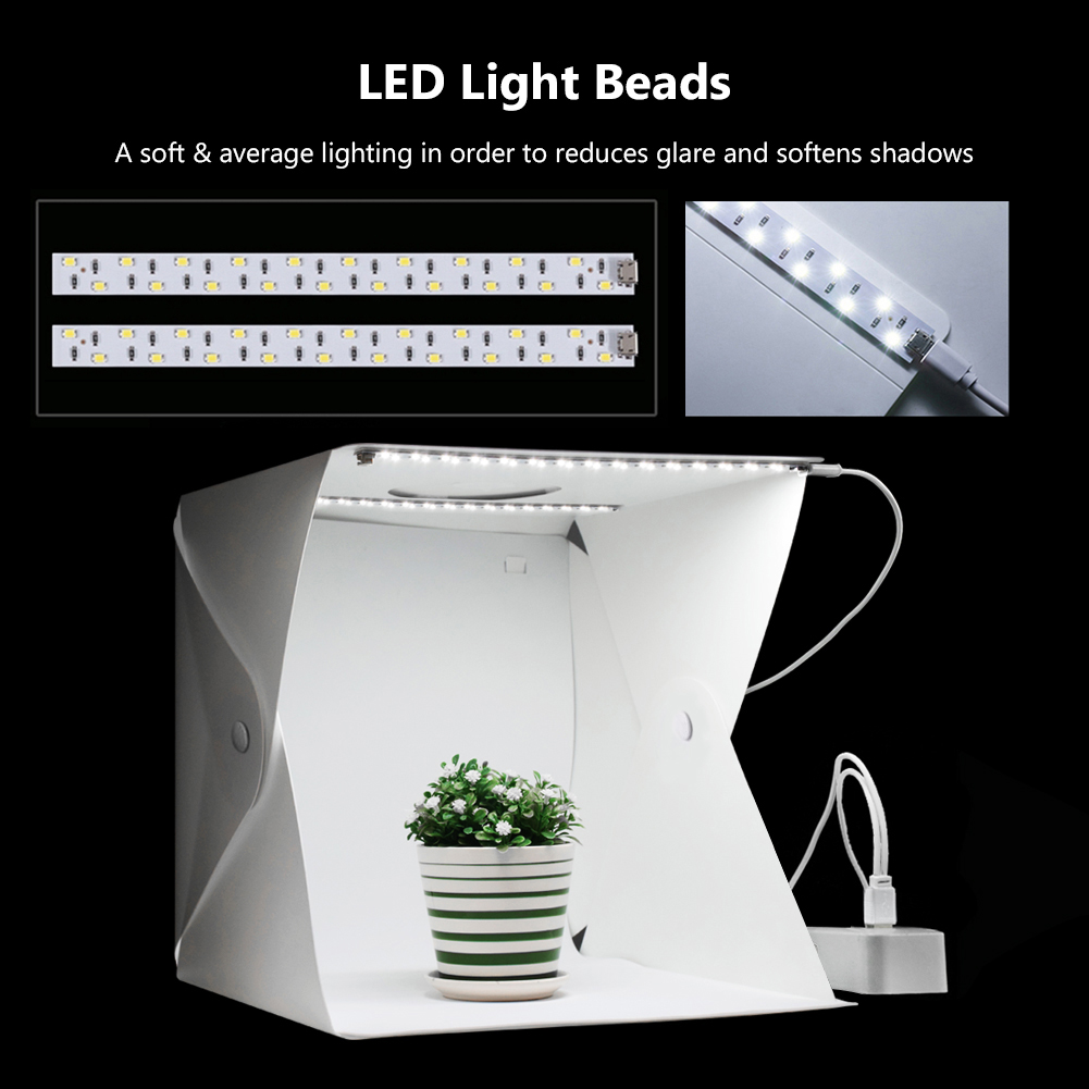 Estudio de fotografía portátil con botón, caja de luz de 6 colores, 2 paneles LED de fondo, Mini sesión de fotos caja de fotografía plegable 30x30x30