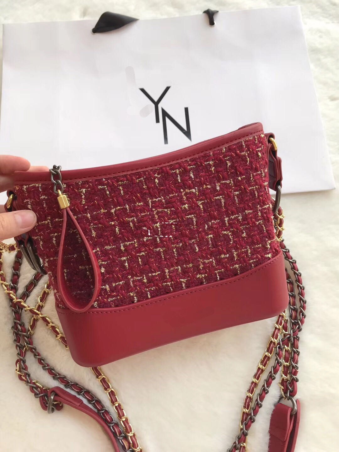 Yiyi's Thai ly woollen cloth wandering bag n Yuanbao chain bag slant cross bag for women: Wine