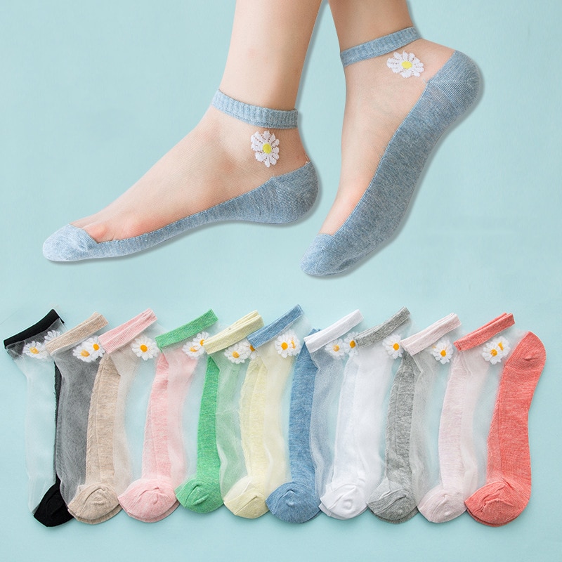 5 par/parti damesokker til sommer ultratynde gennemsigtige silkestrømper af glasfiber daisy flower japan ankelsokker
