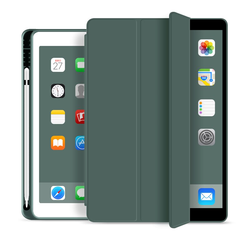 Fodral för ipad 7th generation smart skal med pennhållare för ipad 7 slim hopfällbart ställ silikonfodral för ipad 10.2 funda: Mörkgrön