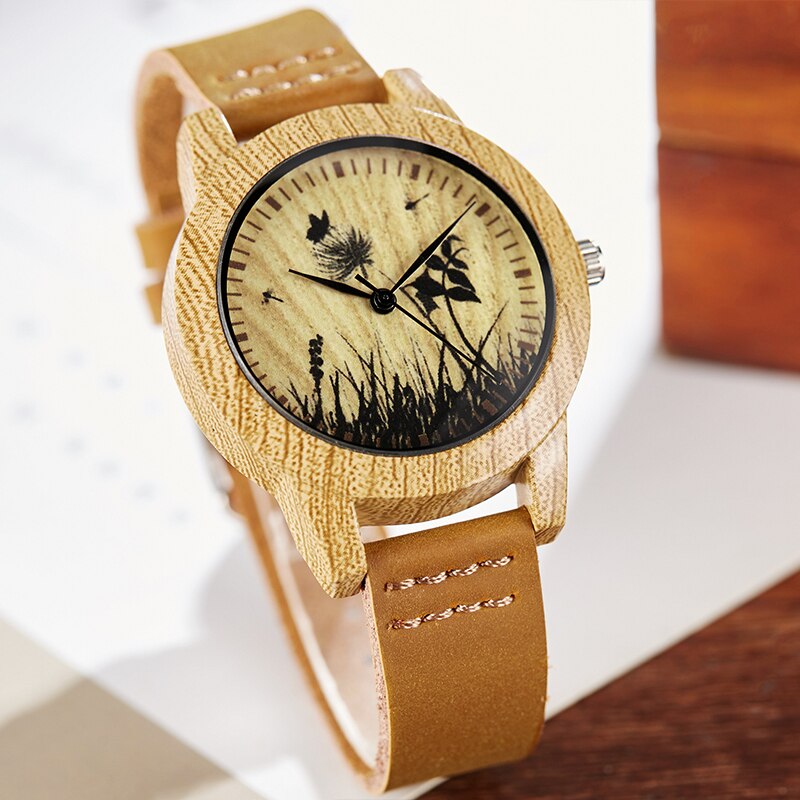 Wood Watch Men Women Couple Quartz Imitation Bamboo Wooden Male Animal Horse Watch Watches Leather Wrist Clock Reloj: W9 for Women