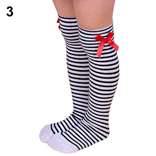 Salg piger bomuld lange knæstrømper børn børn baby tumling sløjfe stribet ben varm: Sort hvid