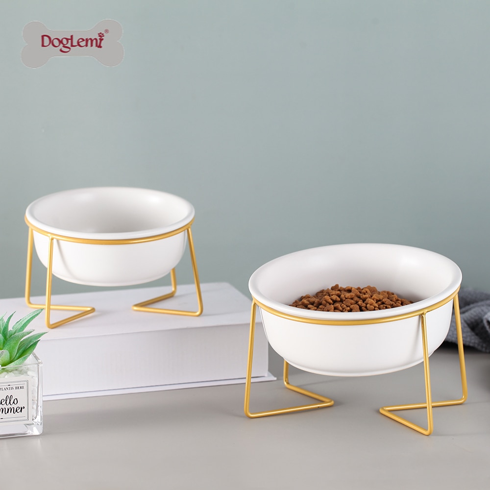 Ceramiczna/szklana podwyższona miska dla psa podniesiona karma dla kotów miseczka na wodę danie dla zwierząt komfortowe miski robić karmienia ze złotym żelaznym stojakiem