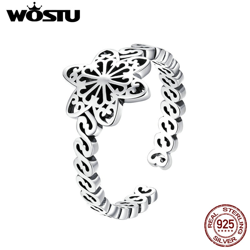 Wostu Authentieke 925 Sterling Zilveren Sneeuwvlok Bloem Ringen Voor Vrouwen Verstelbare Zilveren Ring Vinger Wedding Party Sieraden CQR482