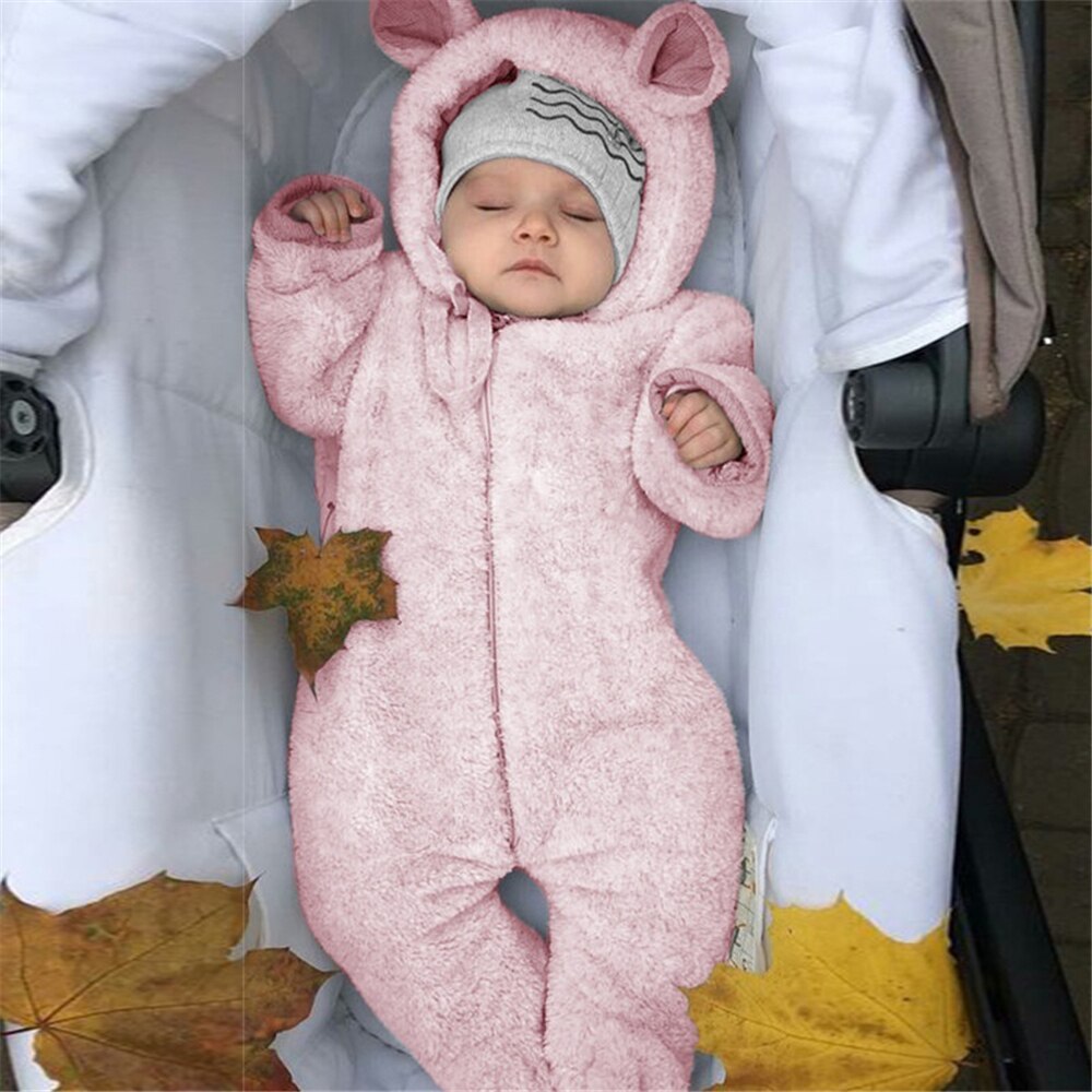 Winter Herfst Kleding Outfit Oren Leuke Pasgeboren Peuter Baby Jongens Meisjes Romper Lente Herfst Warm Hooded Beer Tops Jumpsuit: pink / 70