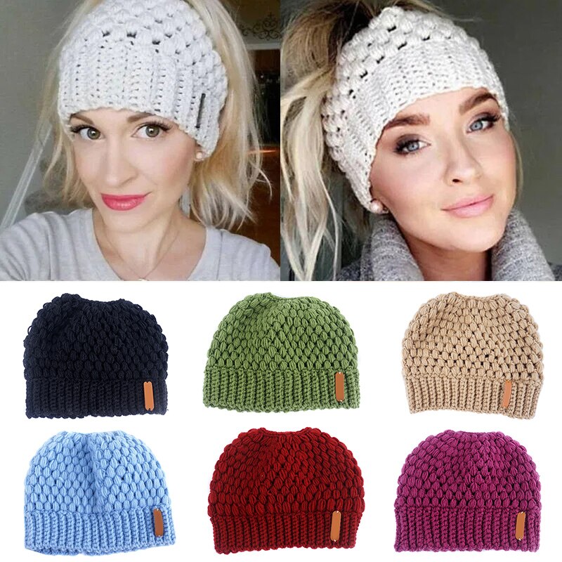 Knit Ponytail Beanie Knit Beanie Tail Hat Winter Hat for Women Adult Bundle Hair Tie AC889