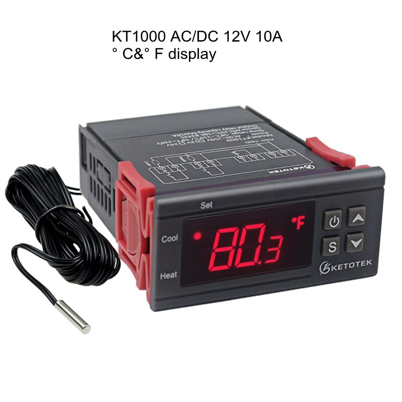 Digital KT1000 Temperature Controller C/F Thermostat 10A Relay Thermoregulator Heating Cooling Switch Regulator for incubator: KT1000 12V
