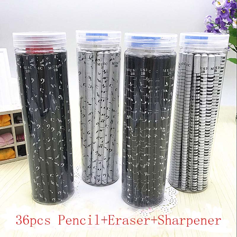 Musical Note Pencil 2B Standard Round Pencil Music Stationery Piano Notes School Student Prize 36pc Pencil+Eraser+Sharpener