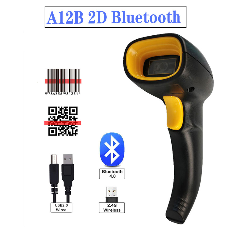 HBAPOS-escáner de código de barras inalámbrico, lector de imágenes PDF417 de mano, matriz de datos, decodificador de código de barras, Bluetooth, USB, cable UPC 1D 2D QR: A12B 2D Bluetooth