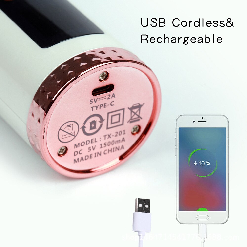 Rizador de pelo automático inalámbrico, rizador de aire recargable por USB para rizos y ondas, rizador rotatorio de cerámica con pantalla LCD