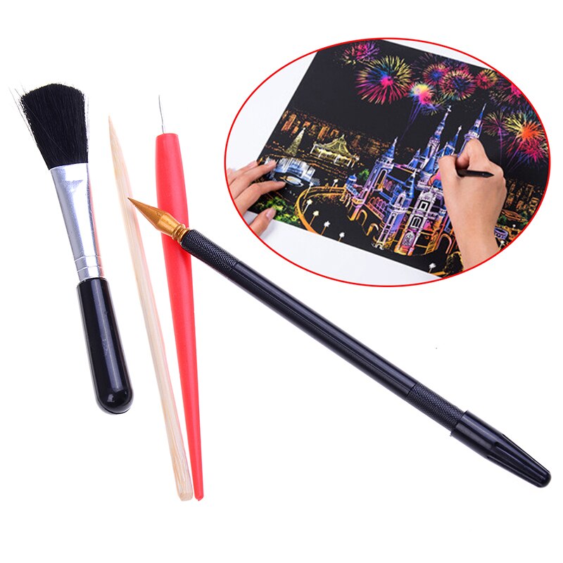 4Pcs Painting Drawing Scratch Arts Set with Stick Scraper Pen Black Brush for Scratch Sketch Art Papers Boards Tools DIY