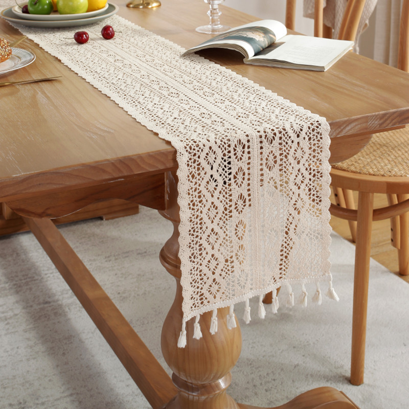 Lace Table Runner with Tassel Long Rectangular Hollow Mesh Tablerunner for Home Hotel Wedding Dining Table Decor