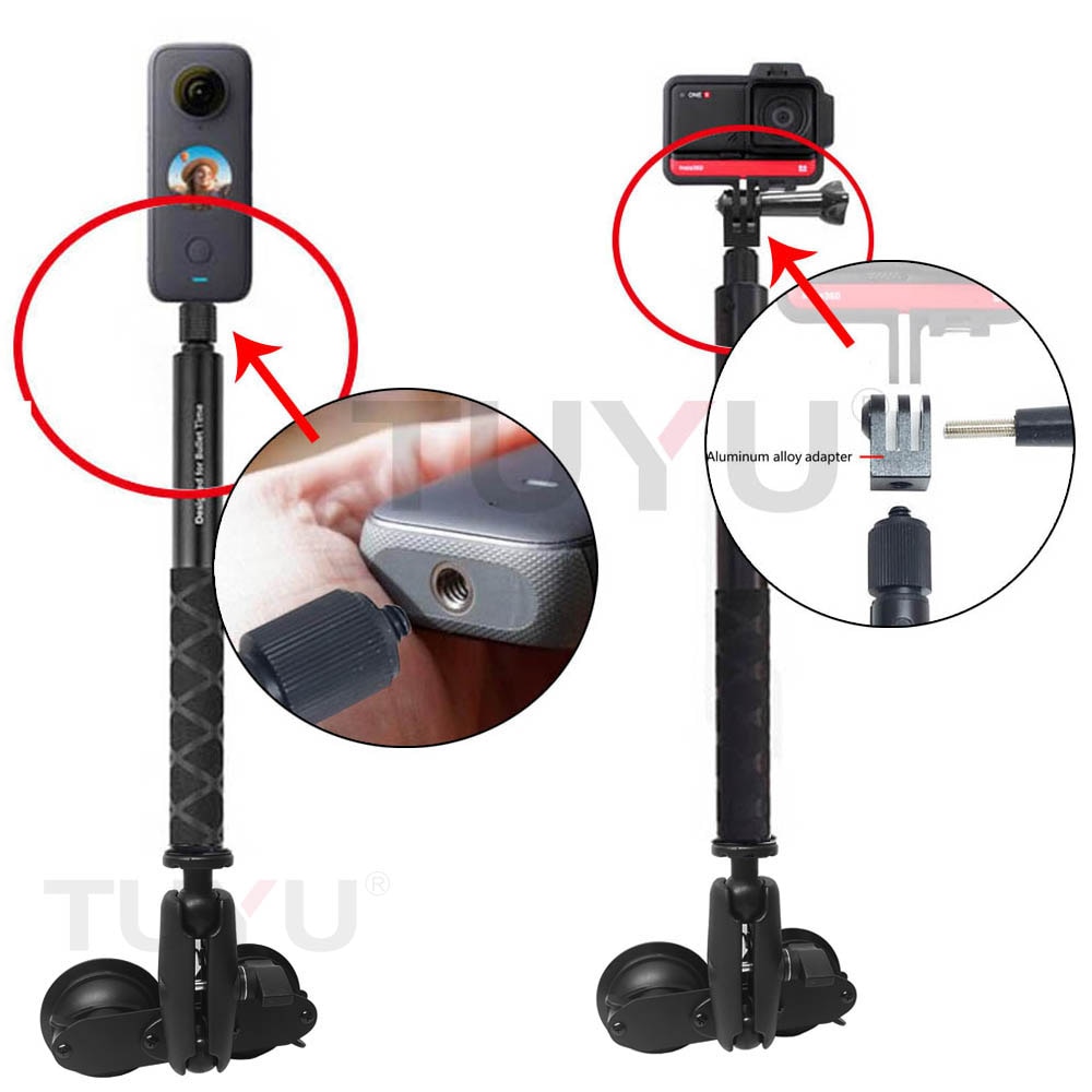 Support de ventouse de voiture à double tête de boule de 1 pouce, adapté à la perche à Selfie Invisible pour Insta360 One R X2 Gopro Max, accessoires