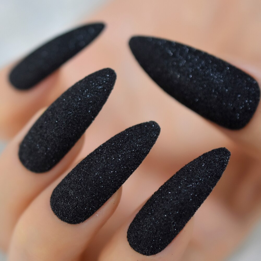 Black Glitter Shimmer False Nails Extra Long Pointed Ladies Faux Ongles Party Beautiful Decorated 24