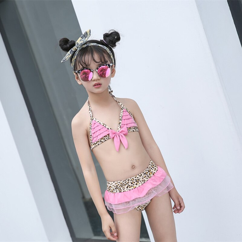 Børn baby piger leopard off-shoulder sløjfe bikini sæt badetøj badedragt badedragt kostume tøj