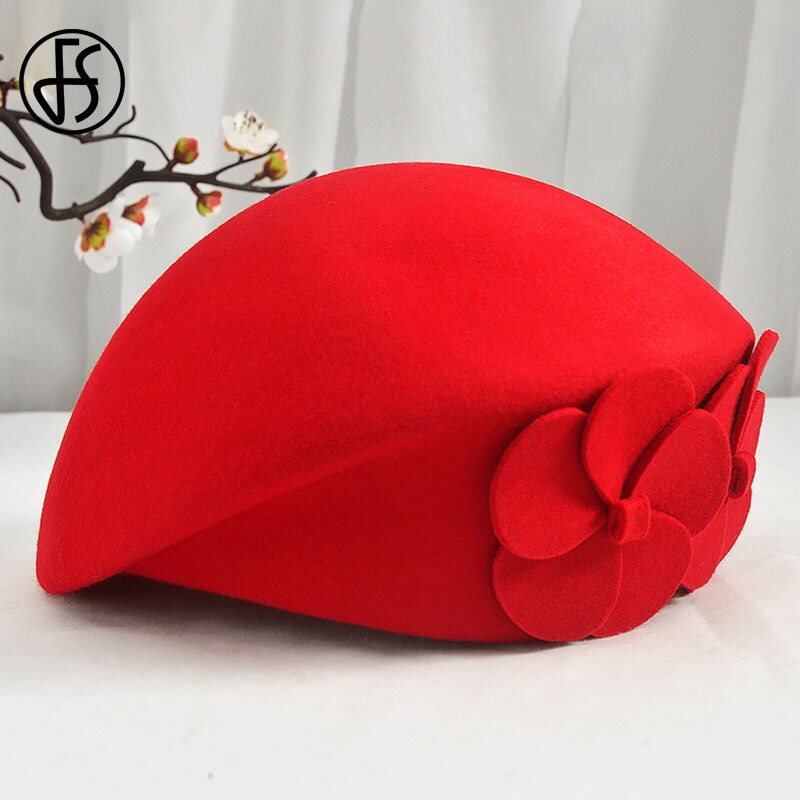 FS Winter Hats For Women Beret Wool Felt Fedora Hat Black Red Hats Wedding Church Party Cocktail Ladies Female French Artist Hat: Red